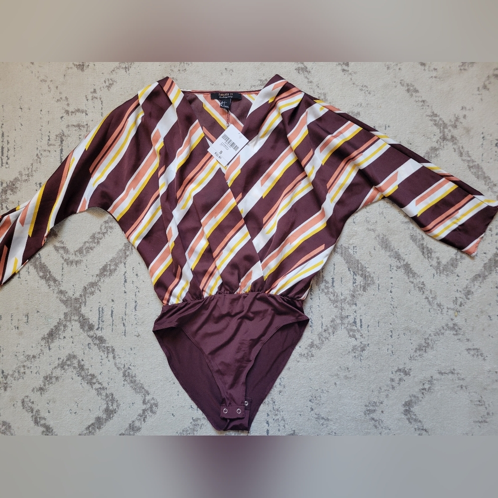 NEW Striped V-Neck Surplice Bodysuit in Brown, White & Yellow